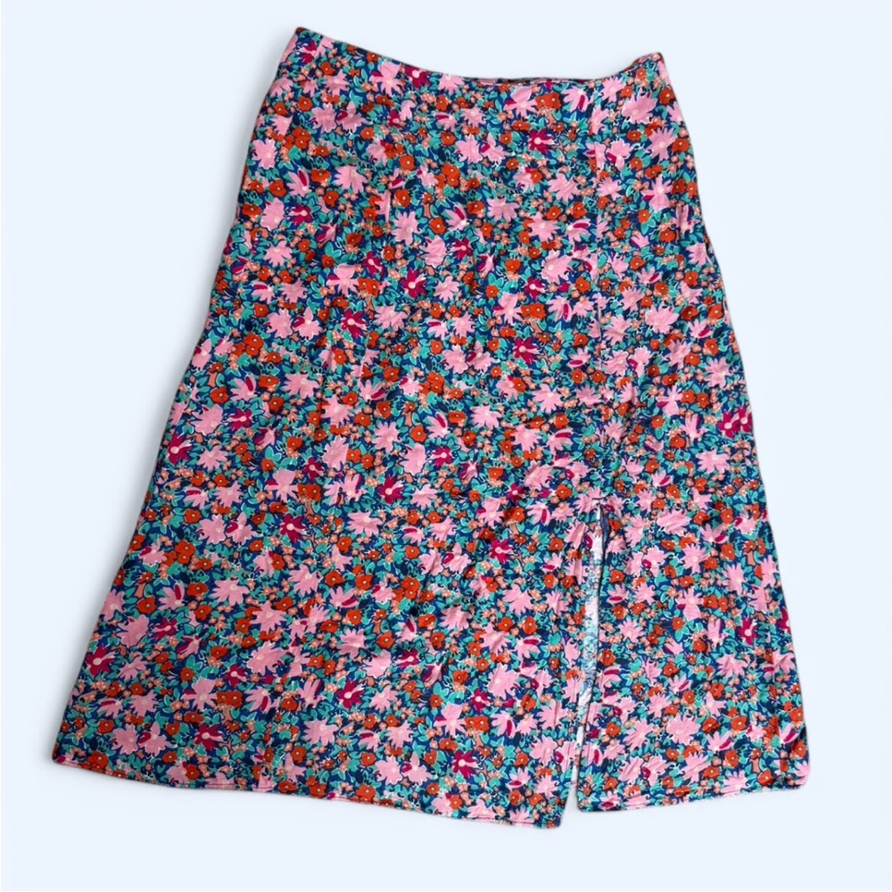 LOFT Floral Midi Skirt in Pink, Teal & Red